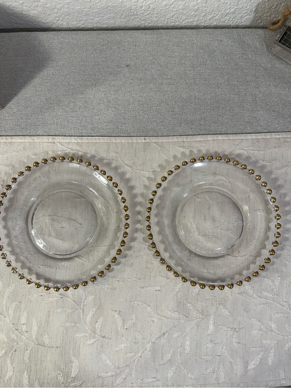 Vintage 1950s Clear Glass 8" Plates Gold Beaded Rim Salad Dessert Set of 2